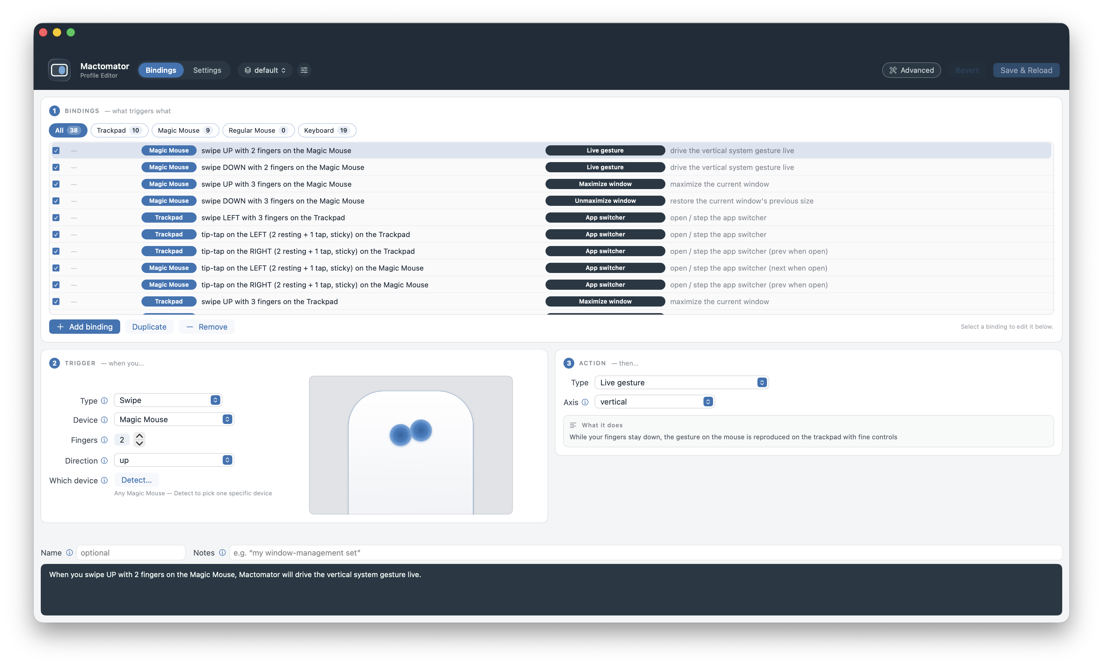 Mactomator's profile editor: a list of bindings up top, with trigger and action panels below and a plain-language summary at the bottom.